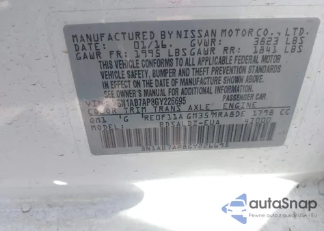 2016 Nissan Sentra Sv z USA, uszkodzony, nr VIN 3N1AB7AP8GY226695